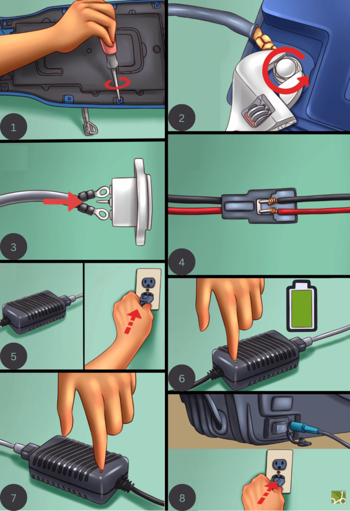 8 step of charging an e scooter by taking out the battery.